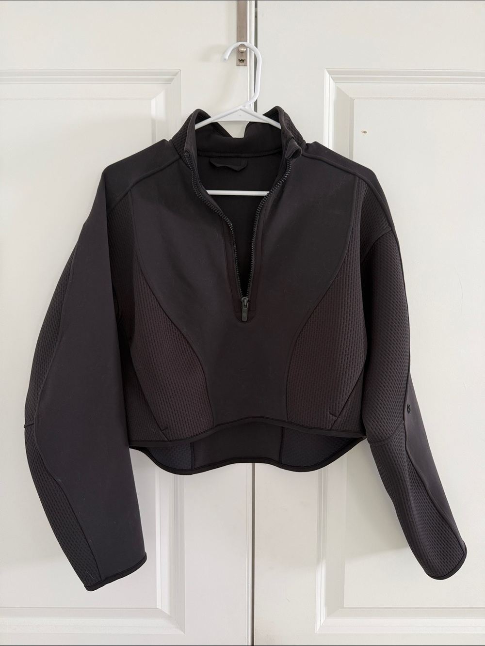 Mixed fabric half zip pullover